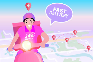 A man riding a scooter on the map. Online Delivery Service flat design.