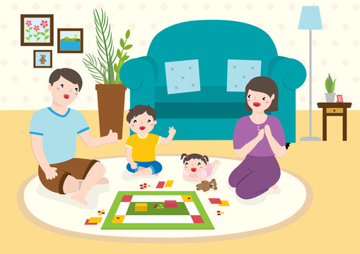 Family Playing Board Games. Vector Cartoon Illustration.