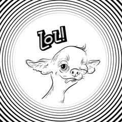 Portrait of a dog with tongue, funny head of puppy, sticker of hand drawn style on a hypnotic psychedelic spiral background, black vector illustration 10eps