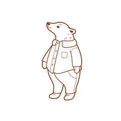 Fairytale animal characters - good bear in shorts and pants. Outline illustration with animal for nursery, kids apparel, poster, postcard.