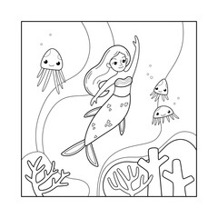 Cute mermaid cartoon character with jellyfish, vector illustration. Coloring book for kids.