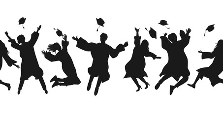 Seamless border with graduate students in graduation clothing jumping and throwing the mortarboard high into the air. Flat vector illustration pattern isolated on white