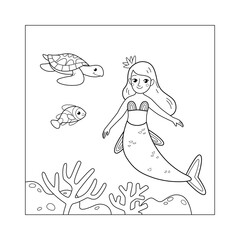 Cute mermaid cartoon character with sea turtle. Set of coloring book for kids.