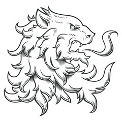 Heraldic lion head ink drawing