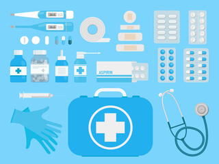  First aid kit box with medical equipment and medicines on a blue background top view. Flat style. Vector stock illustration for design. Hospital and patient diagnosis. Elements for infographics.