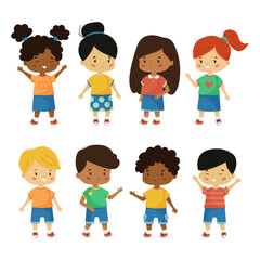 Fototapeta premium Vector set of happy kids. Cartoon kawaii children of different nationalities. Kindergarten kids characters. Boys and girls of different races.