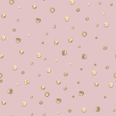 Abstract seamless pattern with 3d golden glittering acrylic paint round circles polka dot on pastel pink background