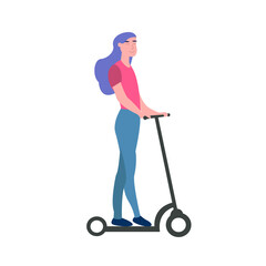 Girl on a scooter. A young girl riding a scooter. Vector flat cartoon illustration.