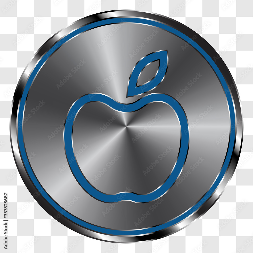 Poster apple simple icon vector on metal round button. transparent grid