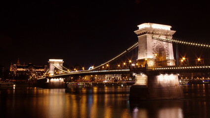 Budapest, Hungary, The Szechenyi Chain Bridge is a suspension bridge that spans the River Danube between Buda and Pest, the western and eastern sides of Budapest.