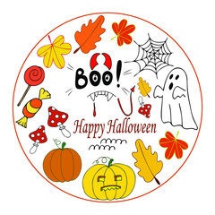 Happy Halloween, set of decorative items for the holidays. Color vector image. Isolated elements on a white background.