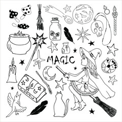 Halloween, magic, the occult. A set of contour drawings of magic items. Vector image. Isolated elements on a white background.