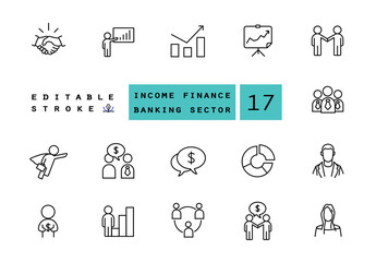 Income, finance and banking sector vector linear icons set. Business people outline symbols pack. Collection of business people and money icons isolated contour illustrations. Financial analytics