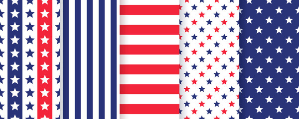 Fototapeta premium 4th july seamless pattern. American patriotic textures. Vector. Happy independence prints. Set of abstract geometric backgrounds. Simple modern illustration.