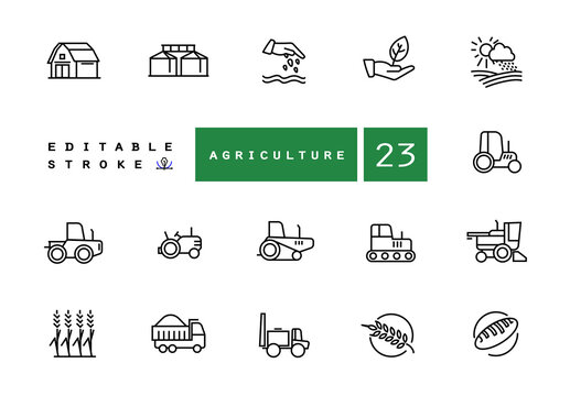Agricultural machinery and agribusiness vector icons set. Agriculture Farming and horticulture equipment outline symbols pack. Tractor combine harvester isolated contour illustrations. Editable stroke