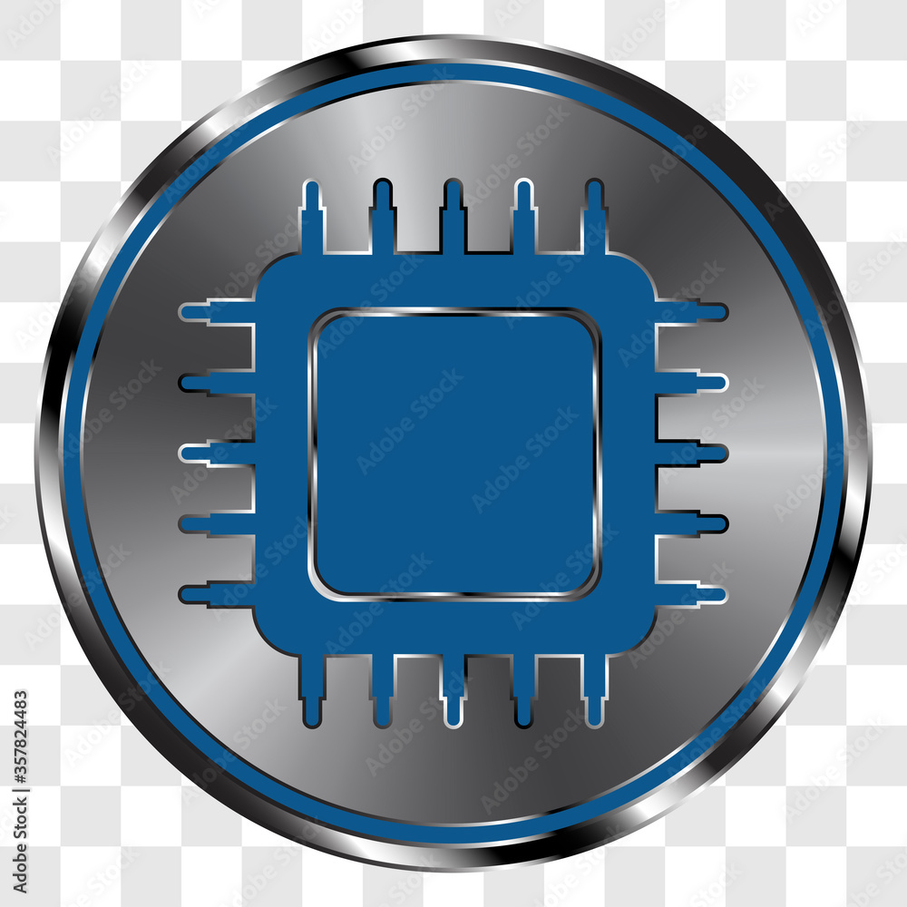Poster cpu simple icon vector on metal round button. transparent grid
