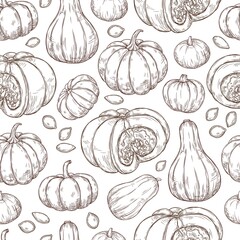 Sketch pattern with pumpkins. Seamless autumnal pattern in retro style.