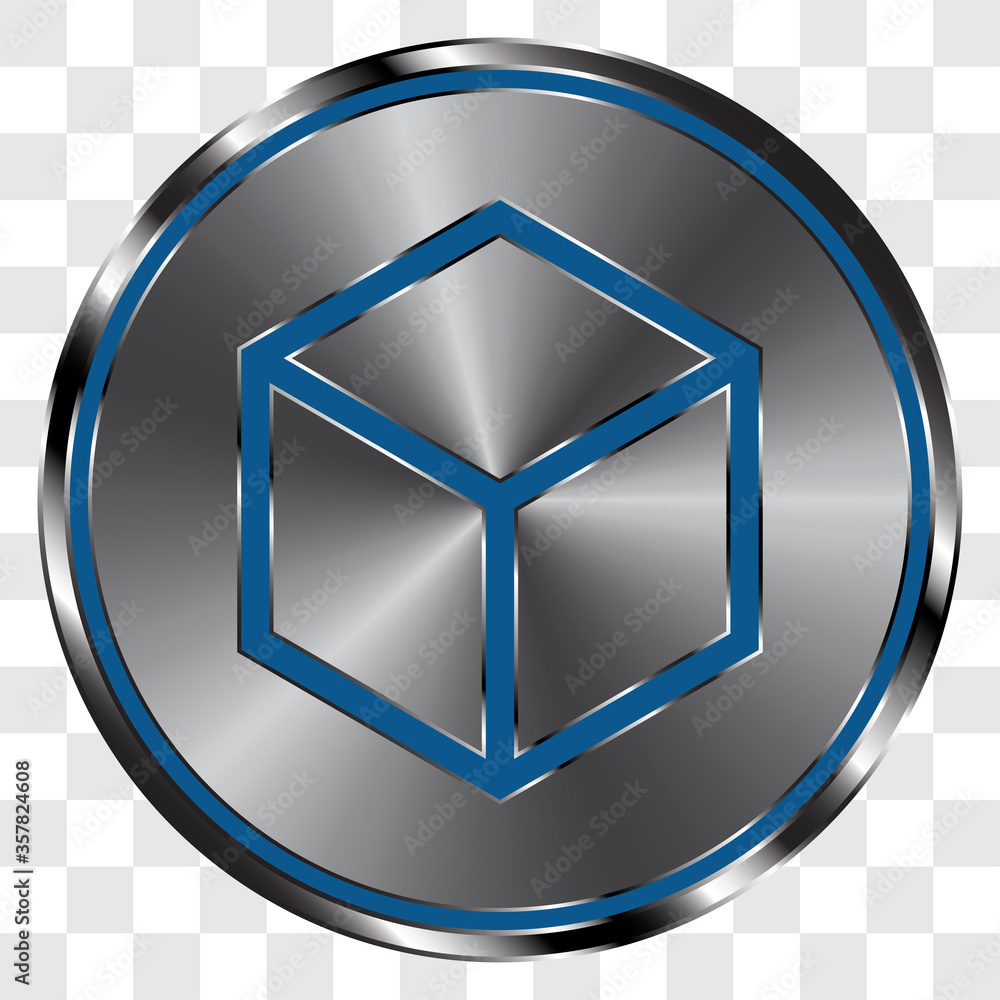 Poster cube simple icon on metal round button. transparent grid