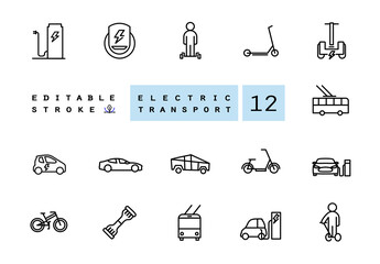 Eco transport. Vector linear icons set with gyro scooter skateboard monocycle bicycle electric car elements vector illustration electric vehicle gas station. Isolated contour. Editable objects