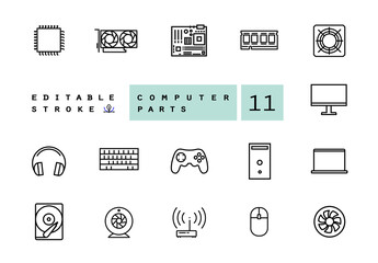 Computer Parts vector linear icons set. Outline symbols pack. Collection for online store and repair of computer equipment isolated contour illustrations. Editable objects. Icons, pictogram, symbol