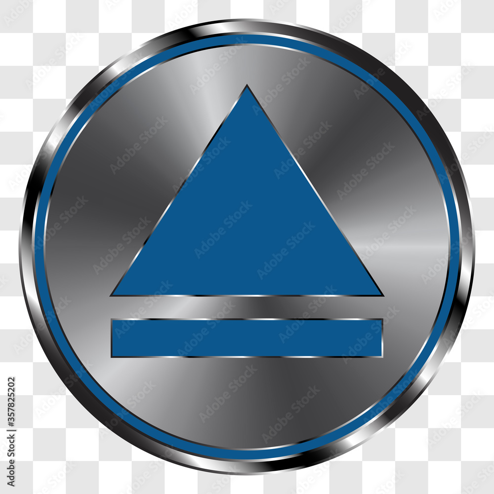 Poster eject simple icon vector on metal round button. transparent grid