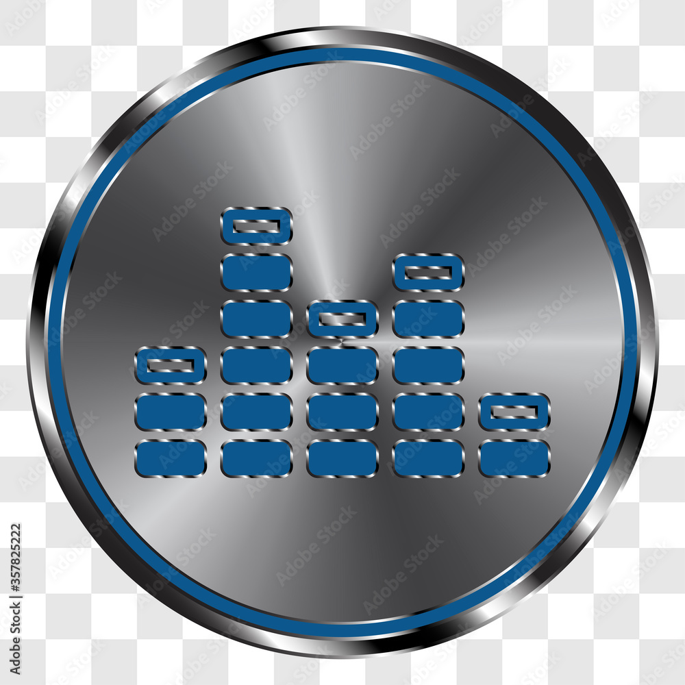 Poster Equalizer simple icon on metal round button. Transparent grid