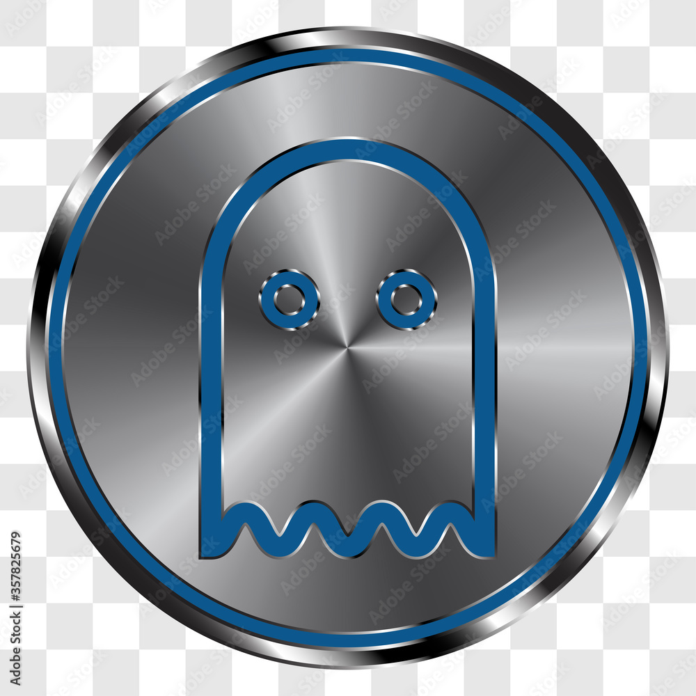 Poster ghost simple icon on metal round button. transparent grid