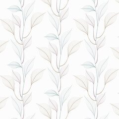 Linear leaves vector pattern, repeating leaves wavy on garland. Pattern is clean for fabric, wallpaper, printing. Pattern is on swatches panel.