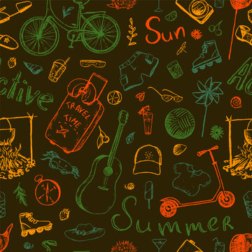 Summer themed doodle hand drawn vector seamless pattern. Bright colored background from elements of vacation, travel, summer accessories, lettering. Design for print, wrapping, fabric, wallpaper, card
