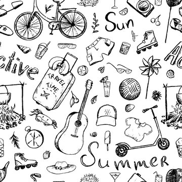 Summer themed doodle hand drawn vector seamless pattern. Monochrome background from elements of vacation, travel, summer accessories, lettering. Design for print, wrapping, fabric, wallpaper, card.