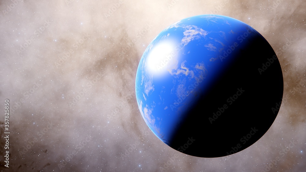 Wall mural beautiful alien planet in far space, realistic exoplanet, planet similar to Earth, detailed planet surface, space background 3d render