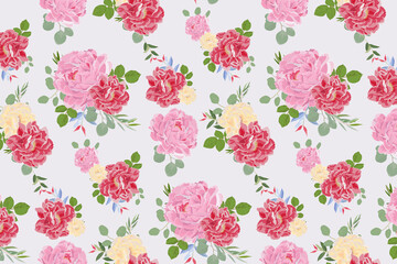 Pink and red flora with leaves pattern, repeating roses and peony flower with green leaves of rose. Pattern is clean for fabric, wallpaper, printing. Pattern is on swatches panel