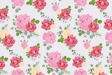 Zelfklevend Fotobehang Pink and red flora with leaves pattern, repeating roses and peony flower with green leaves of rose. Pattern is clean for fabric, wallpaper, printing. Pattern is on swatches panel © milezaway