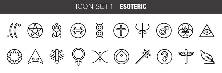 Simple modern set of esoteric thin line icons. Vector illustration. Simple pictogram. Religion, philosophy, spirituality, occultism.