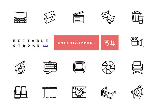 Filmmaking and cinema equipment vector linear icons set. Cinema outline symbols pack. Collection of cinema equipment isolated editable contour illustrations. Camera. Clapper. Theater. TV.