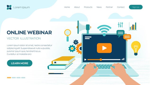 Webinar. Internet conference. Web based seminar. Distance Learning. E-learning Training business concept. Video tutorials. Online courses. Workplace and working on laptop. Vector illustration.