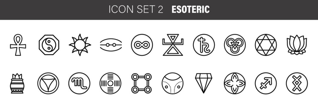 Simple modern set of esoteric thin line icons. Vector illustration. Simple pictogram. Religion, philosophy, spirituality, occultism.