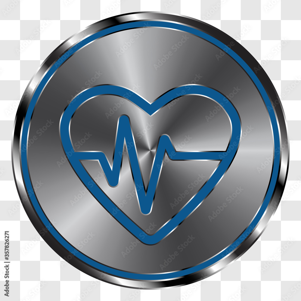 Poster heartbeat simple icon vector on metal round button. transparent grid