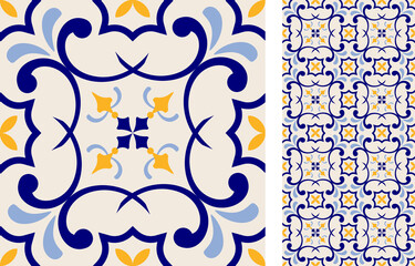 Seamless Azulejo tile. Portuguese and Spain decor. Islam, Arabic, Indian, Ottoman motif. Vector Hand drawn background - 357826218
