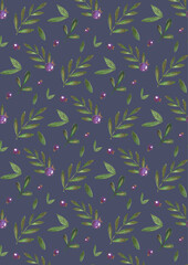 Fototapeta na wymiar Seamless watercolor pattern with blueberries and leaves, forest print for textile,fabric,wrapping