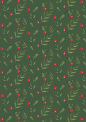 Watercolor pattern with cranberry and leaves, forest print for textile,fabric,wrapping