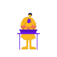 Young woman watering plants in her balcony garden. Minimalist vector concept illustration