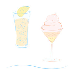 Hand drawn glasses of lemonade and dessert or ice cream decorated with waving line. Isolated