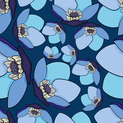 Chamernik seamless vector pattern on a blue background. Pattern of purple and blue flowers. Use for printing, textiles, designs, designs, flyers, greetings, websites, wallpapers and wrapping paper.