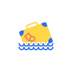 Cruise travel flat icon, vector sign, baggage case and water waves colorful pictogram isolated on white. Symbol, logo illustration. Flat style design