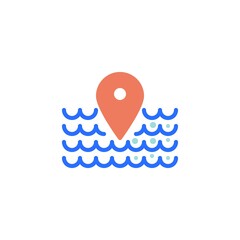 Marine travel flat icon, harbor location vector sign, sea waves and map marker colorful pictogram isolated on white. Symbol, logo illustration. Flat style design