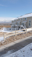 Vertical frame The neighborhood of South Jordan City in Utah blanketed with snow in winter