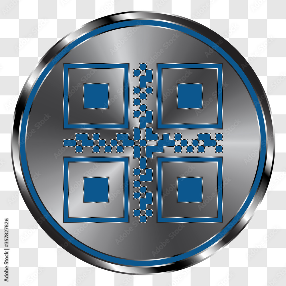 Poster qr code simple icon on metal round button. transparent grid