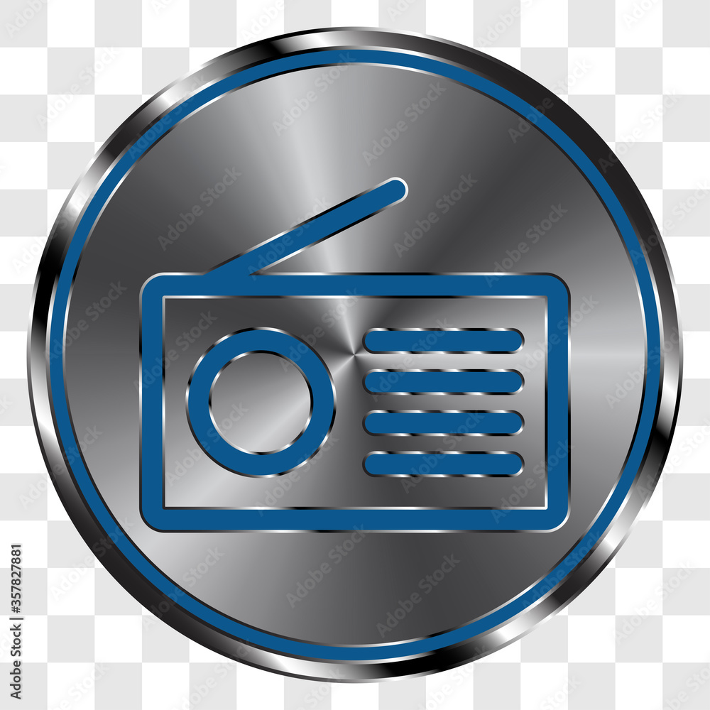 Poster radio simple icon vector on metal round button. transparent grid