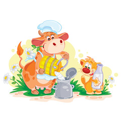 Naklejka premium cute cat character holds in its claws a large bottle of milk, a cow in a cap happily distributes milk from the tank, cartoon illustration, isolated object on a white background, vector illustration,